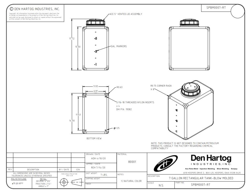 Ace Roto-Mold Blow Molded 7 Gallon Rectangle Flat Bottom White Tank - SPBM0007-RT