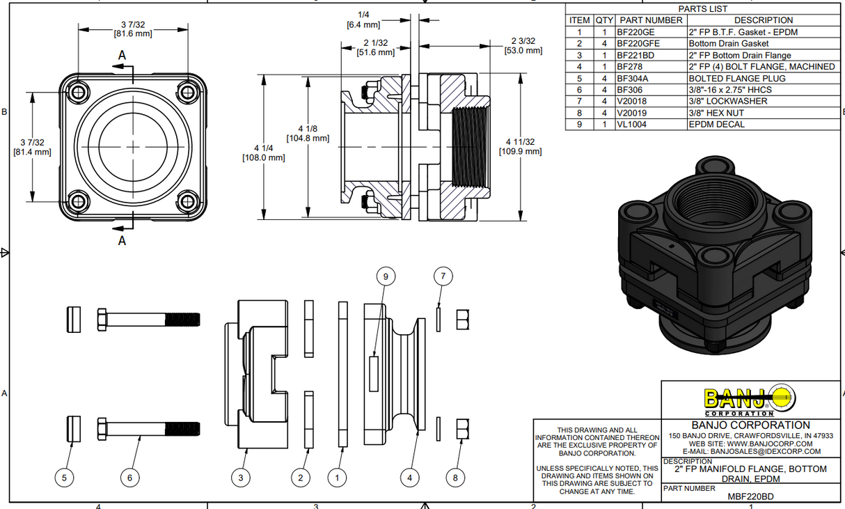 Banjo 2 Inch Bolted Tank Fitting 2" Full Port Flange X 2" FNPT Drain - MBF220BD