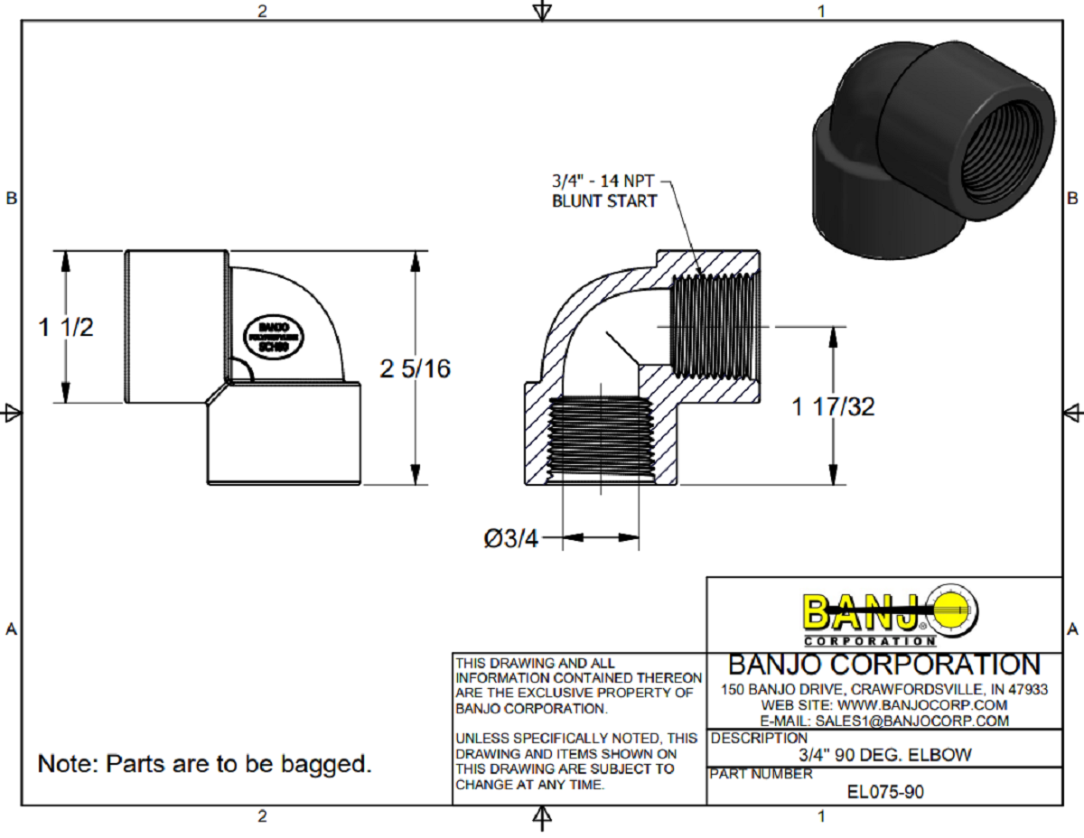 Banjo 90 Degree Polypropylene Pipe Elbow 3/4" NPT Female - EL075-90