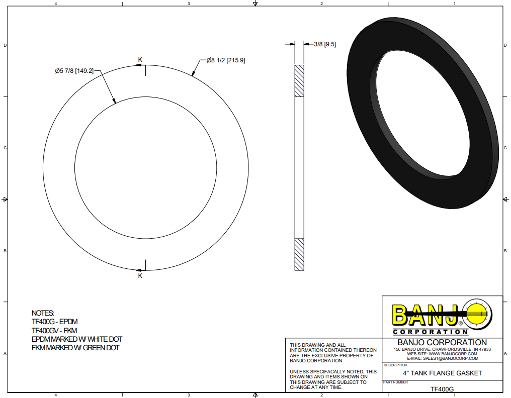 Banjo 4 Inch Tank Flange Gasket EPDM - TF400G