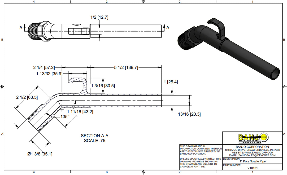Banjo 1 in Replacement Nozzle Pipe For V100, V100FP, UV100FP, SUV100FP - V10161
