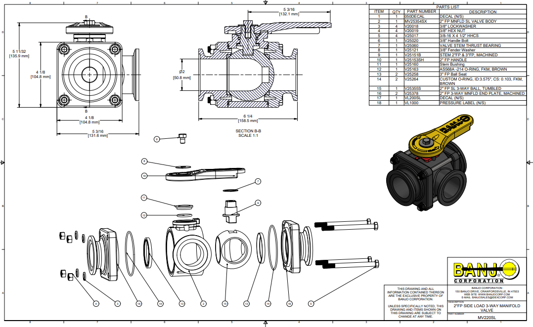 Banjo 2 Inch Full Port Manifold Flange 3-Way Side Load Ball Valve - MV220SL
