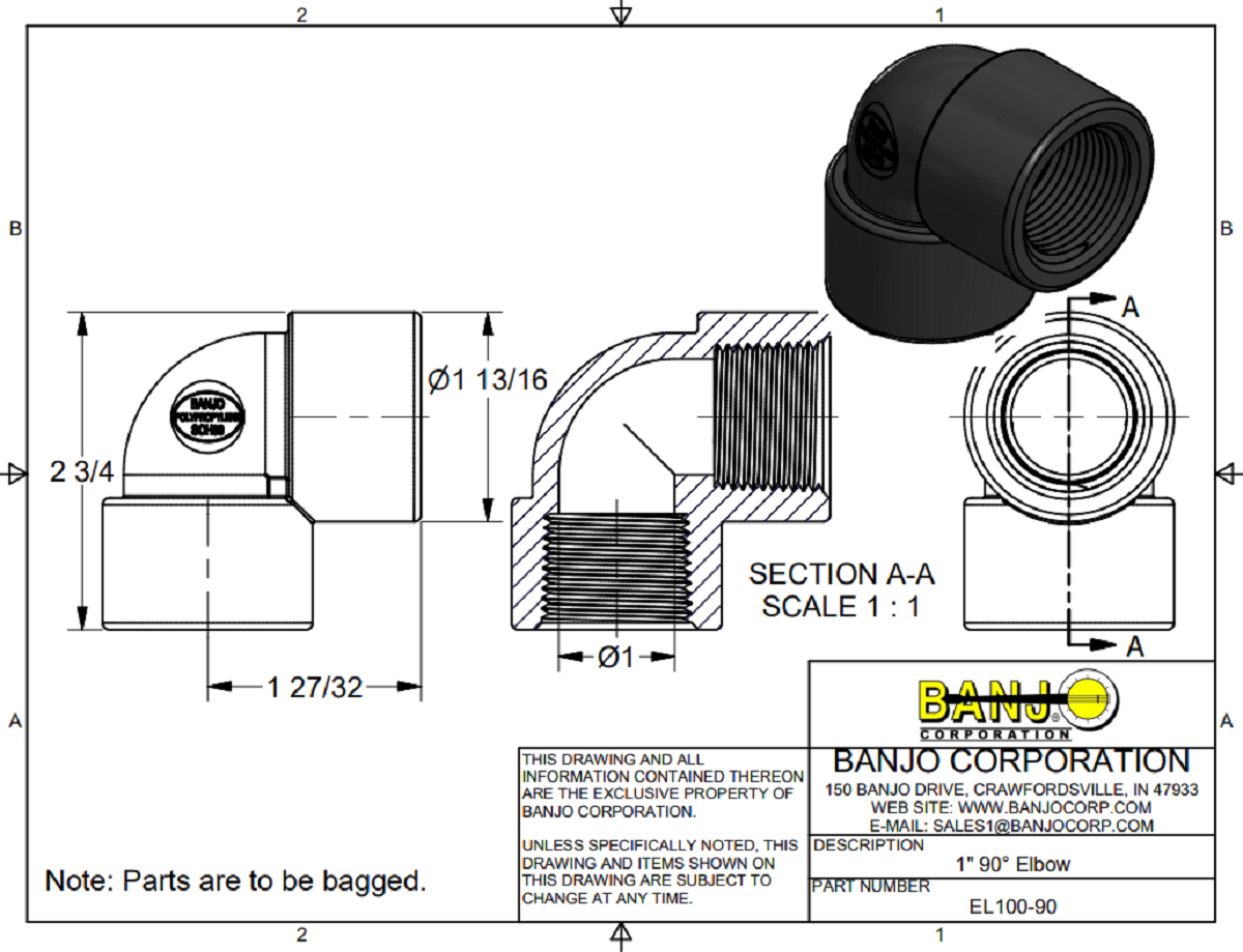 Banjo 90 Degree Polypropylene Pipe Elbow 1" NPT Female - EL100-90