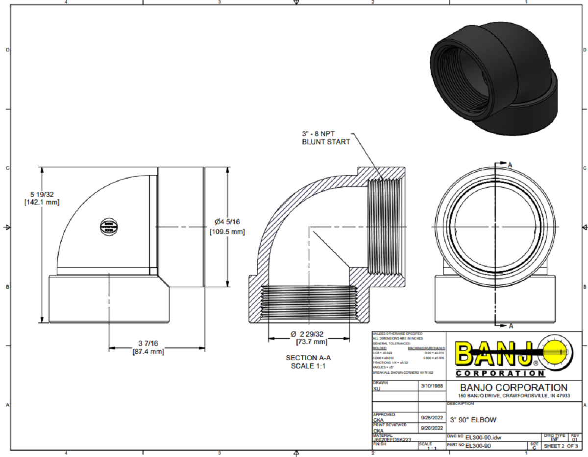 Banjo 90 Degree Polypropylene Pipe Elbow 3" NPT Female - EL300-90