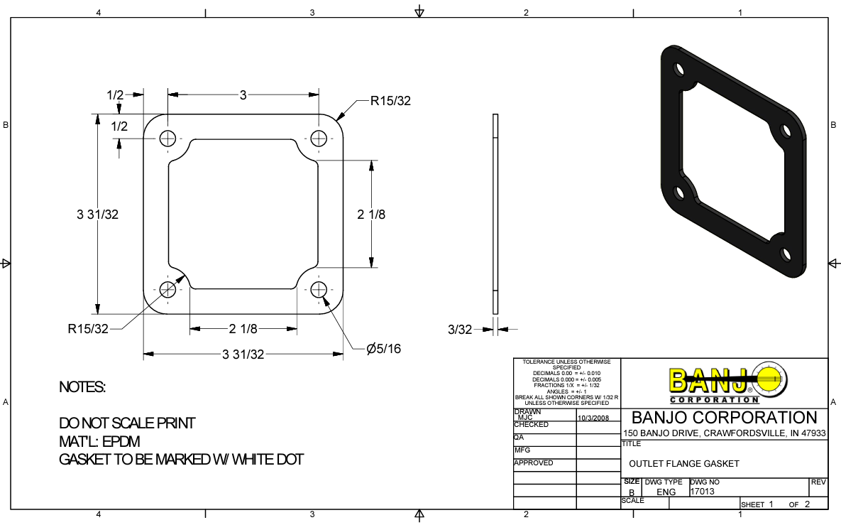 Banjo 2 Inch Cast Iron Pump Outlet Flange Gasket, EPDM - 17013