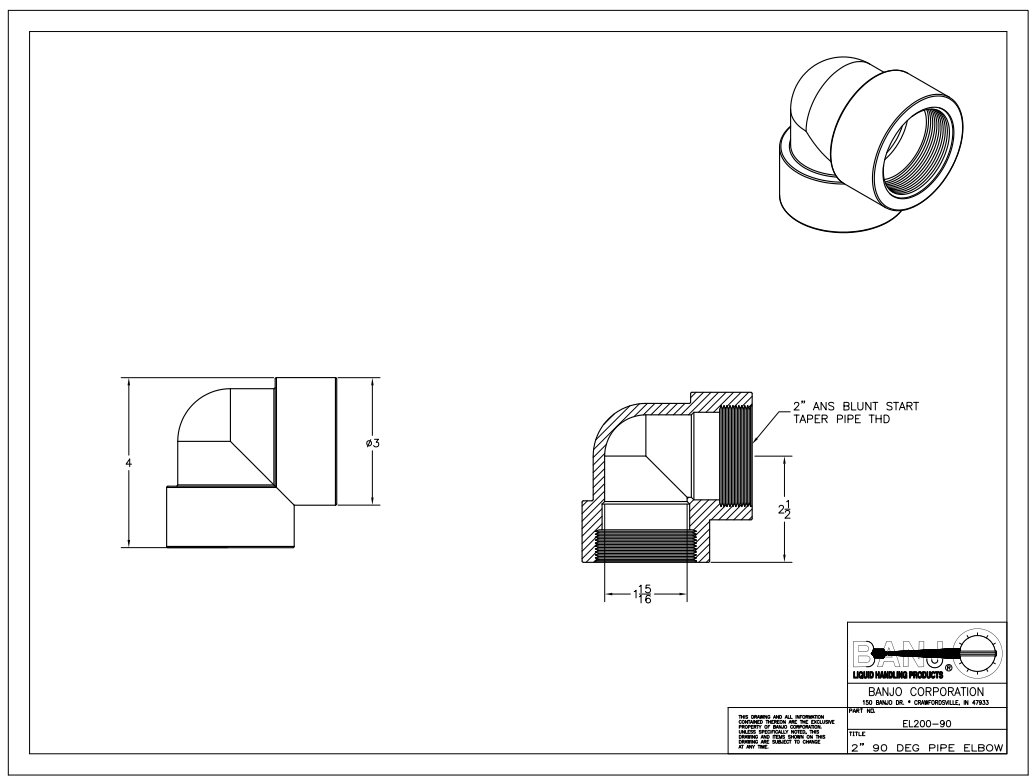 Banjo 90 Degree Polypropylene Pipe Elbow 2" NPT Female - EL200-90