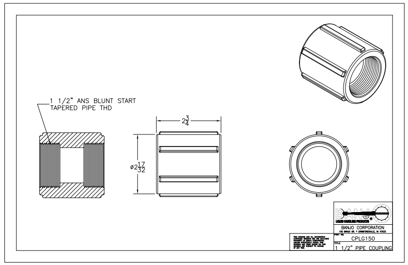 Banjo Threaded Polypropylene Pipe Coupling, 1-1/2" NPT Female - CPLG150