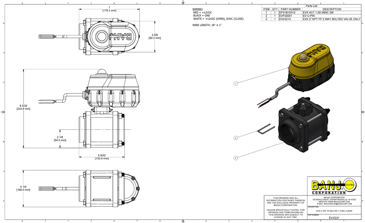 Banjo 2 Inch On Off Full Port Electric Ball Valve, 12 Volt, 3 Wire - EVX221