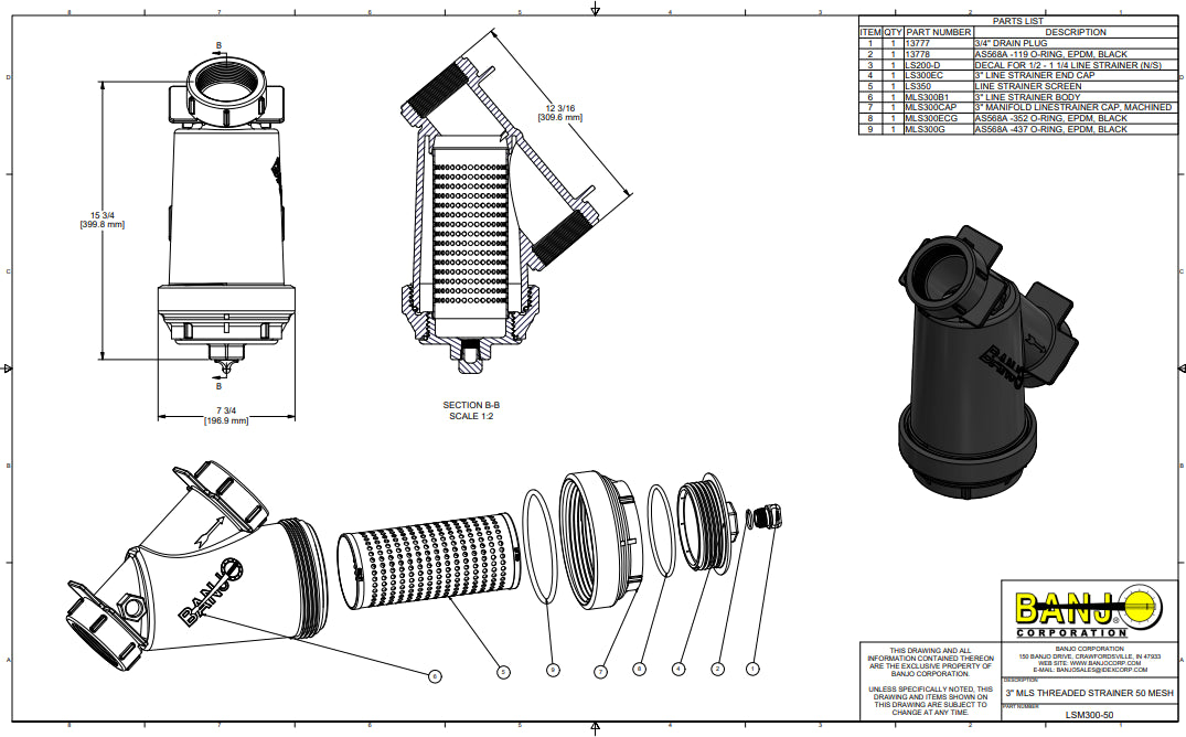 Banjo Y Strainer With 50 Mesh Screen 3" X 3" - LSM300-50