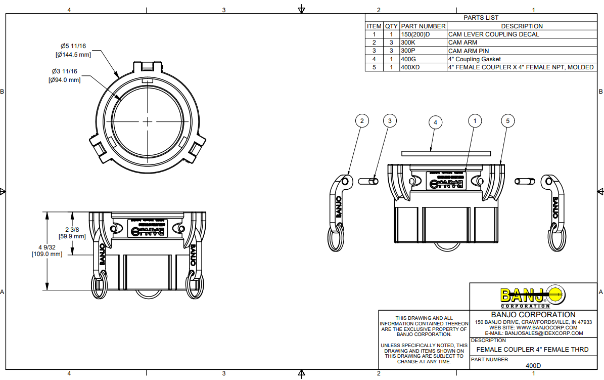 Banjo Poly Cam Lever Coupling 4" Female Coupler x 4" Female Thread - 400D