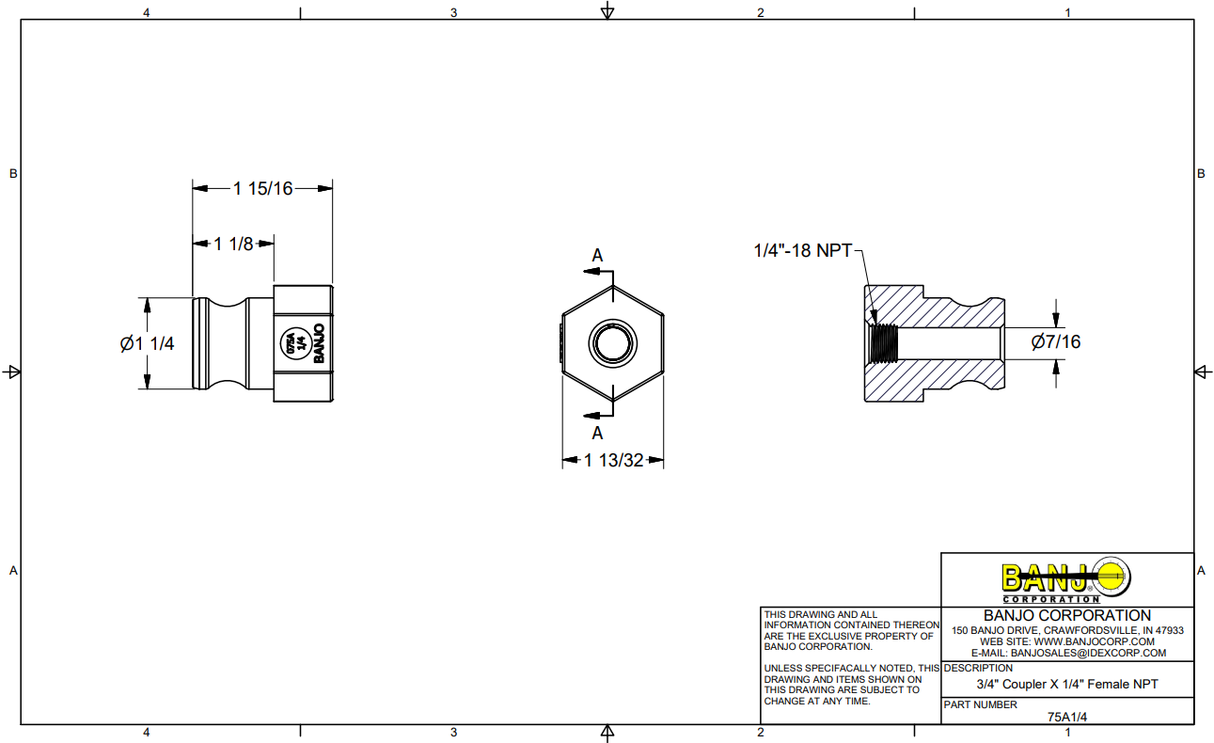 Banjo Poly Cam Lever Coupling 3/4" Male Camlock X 1/4" Female NPT - 75A1/4