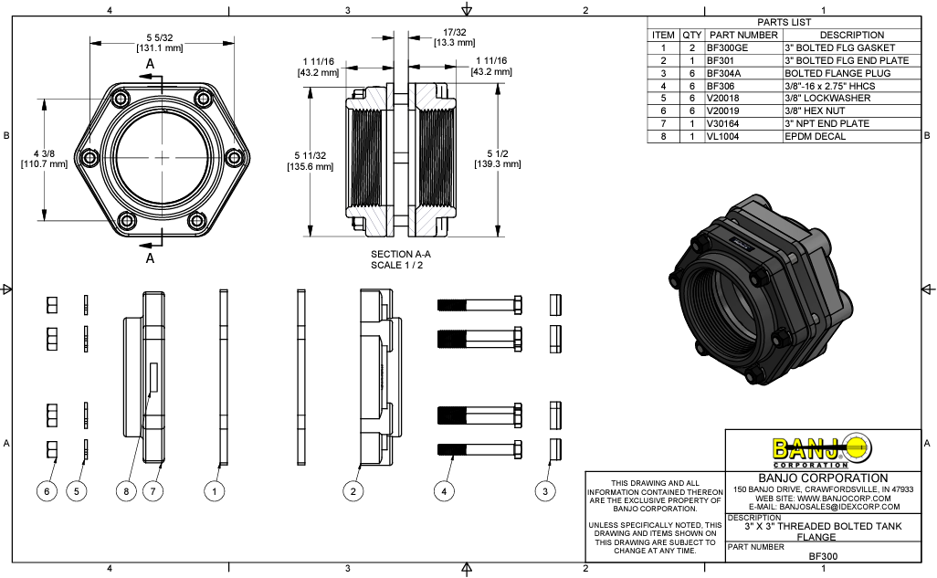 Banjo Threaded Bolted Tank Flange with EPDM Gasket 3" X 3" - BF300