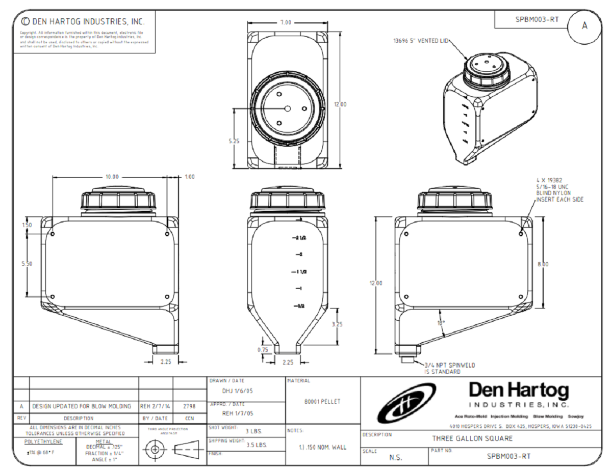 Ace Roto-Mold 3 Gallon Black Rectangle Rinse Tank With 5" Lid, 7x12x15 - SP0003-RT