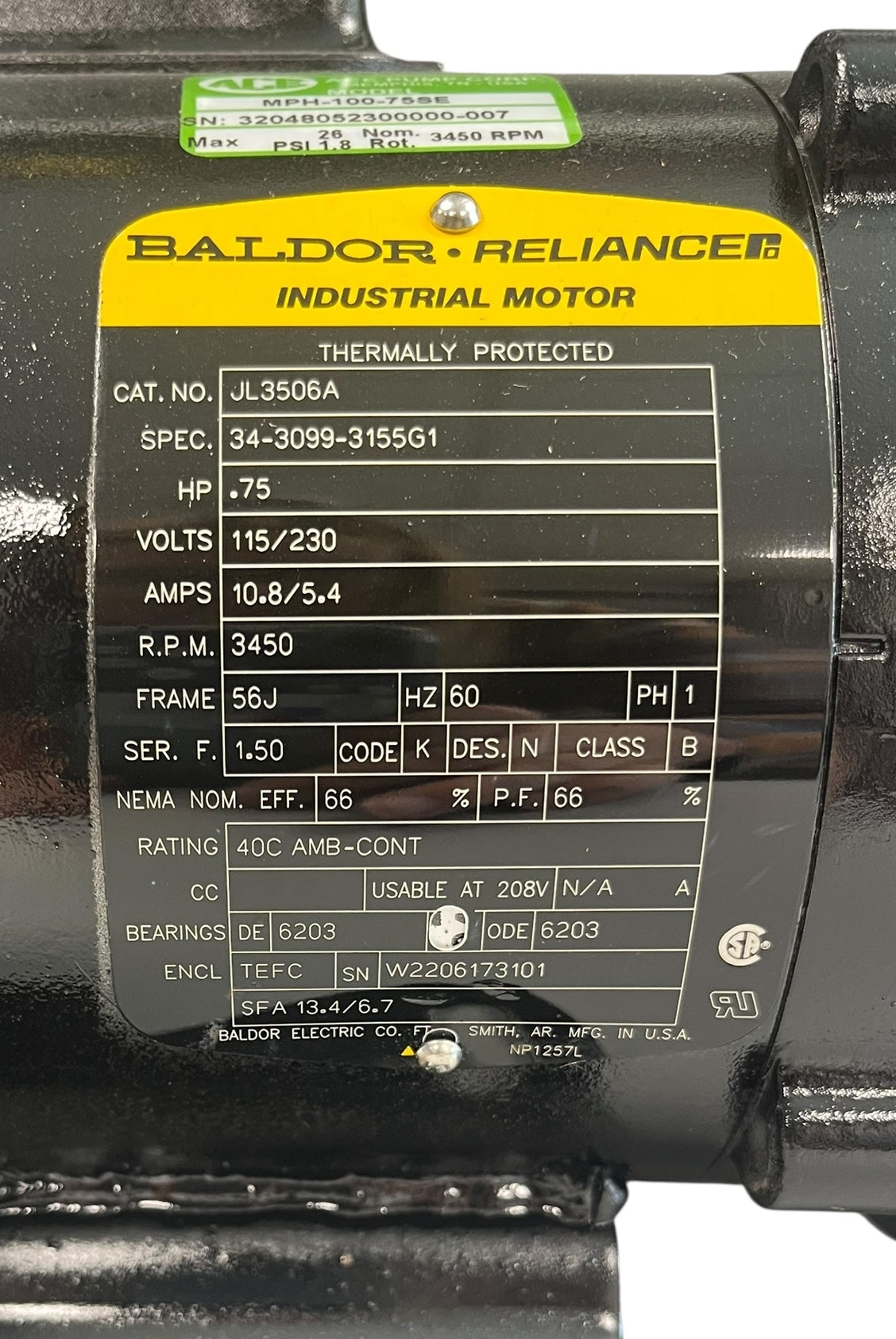 Ace Pumps Electric Driven Centrifugal Pump 1-1/4" Suction X 1" Discharge, 3/4 HP - MPH-100-75SE