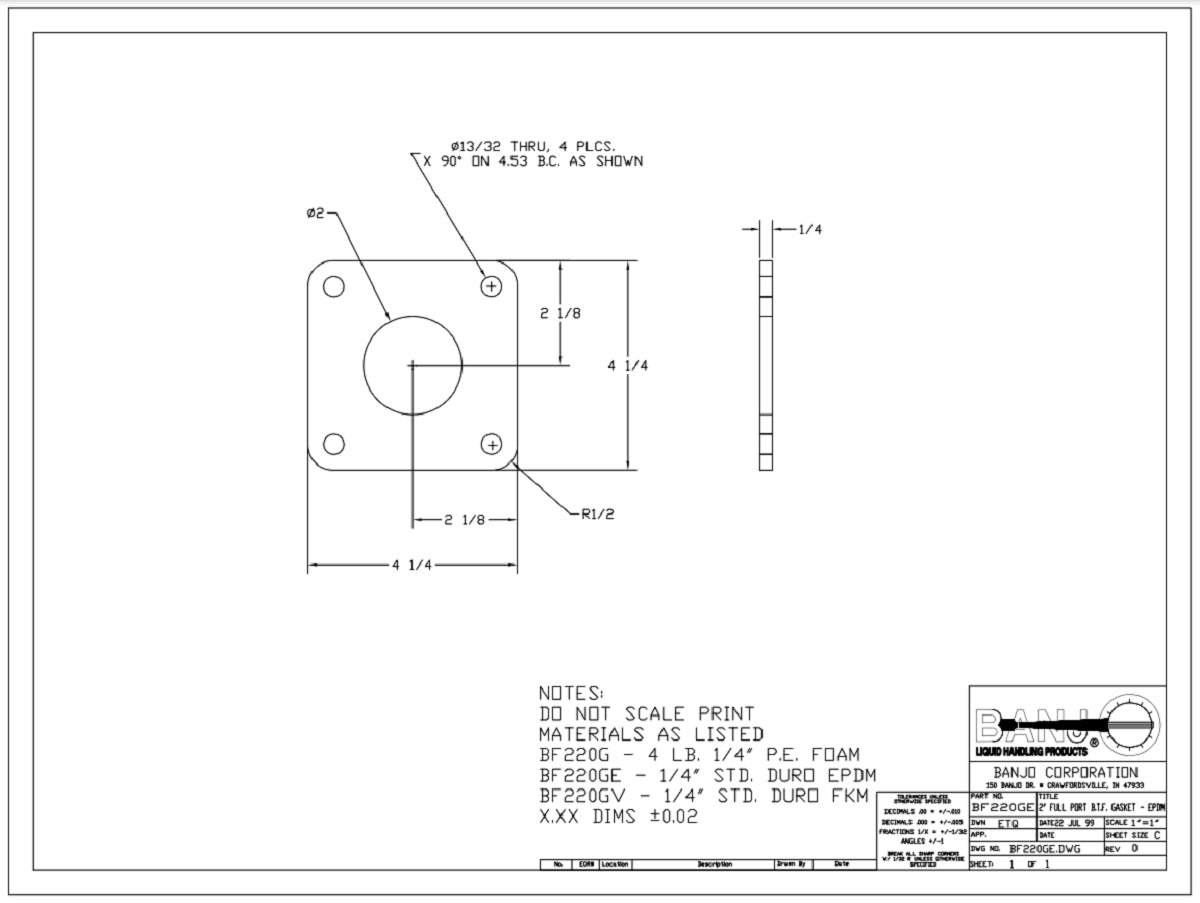 Banjo 2 Inch Full Port EPDM Gasket For Bolted Tank Flange - BF220GE