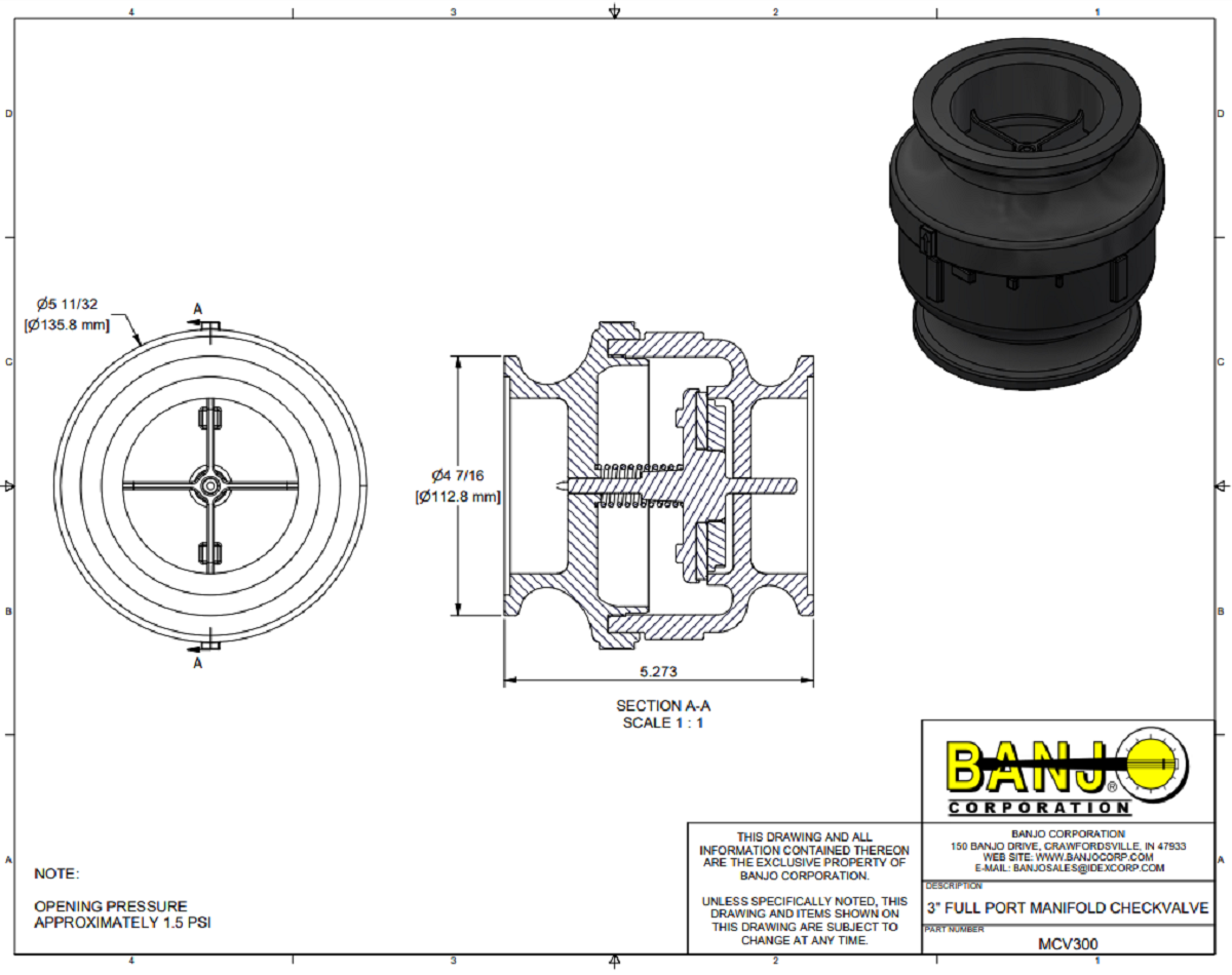 Banjo 3 inch Manifold Flange 1 PSI Check Valve - 300 PSI Max - MCV300