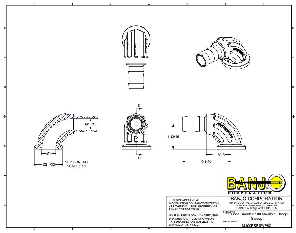 Banjo 90 Degree Manifold Flange Sweep 1" Flange X 1" Barb - M100BRBSWP90