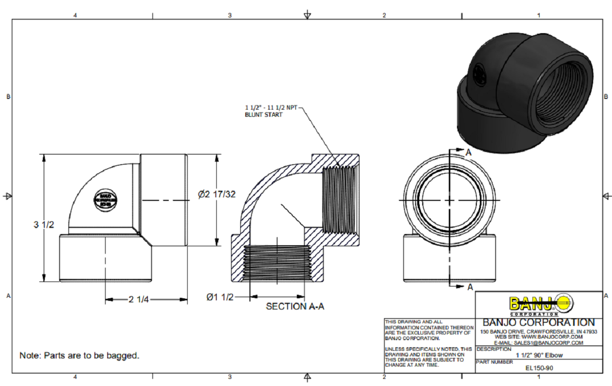 Banjo 90 Degree Polypropylene Pipe Elbow 1-1/2" NPT Female - EL150-90