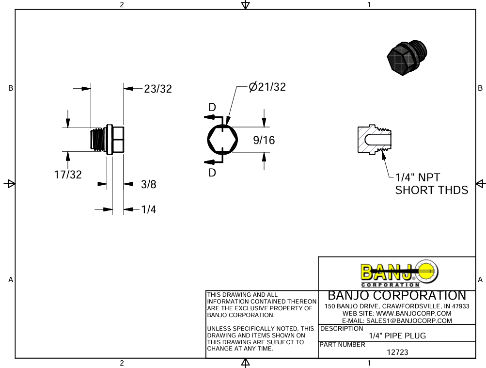 Banjo Polypropylene Drain Plug 1/4" - 12723