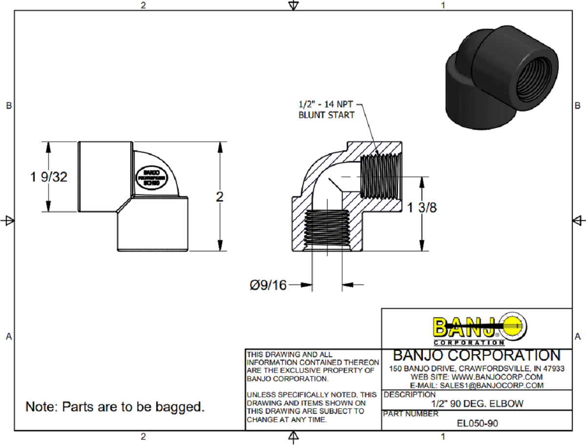 Banjo 90 Degree Polypropylene Pipe Elbow 1/2" NPT Female - EL050-90