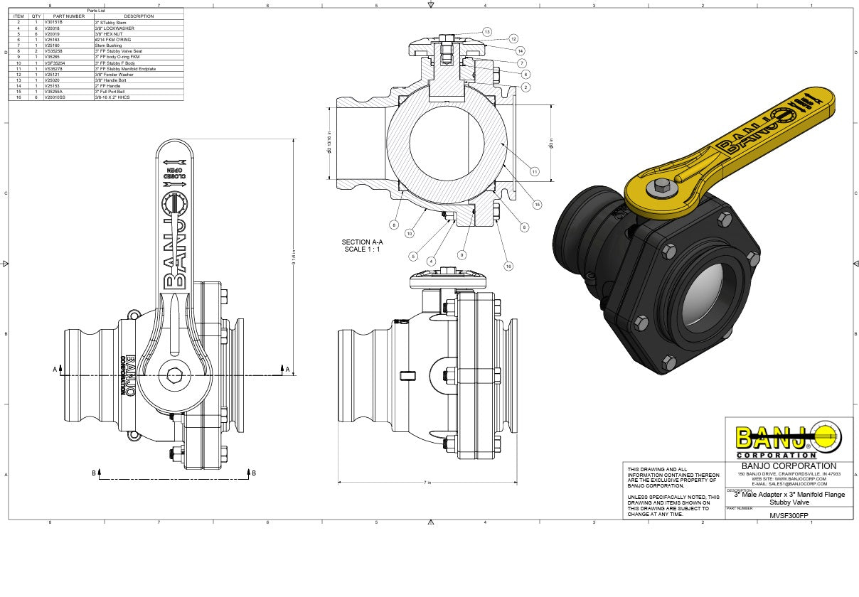 Banjo Full Port Stubby Ball Valve 3" Male Adapter X 3" Manifold Flange - MVSF300FP