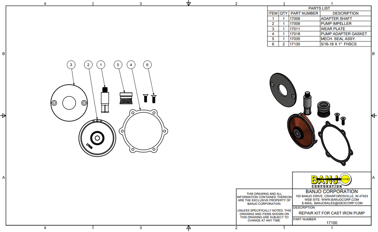 Banjo Cast Iron Pump Repair Kit for 1-1/2" & 2" Centrifugal Pumps - 17100