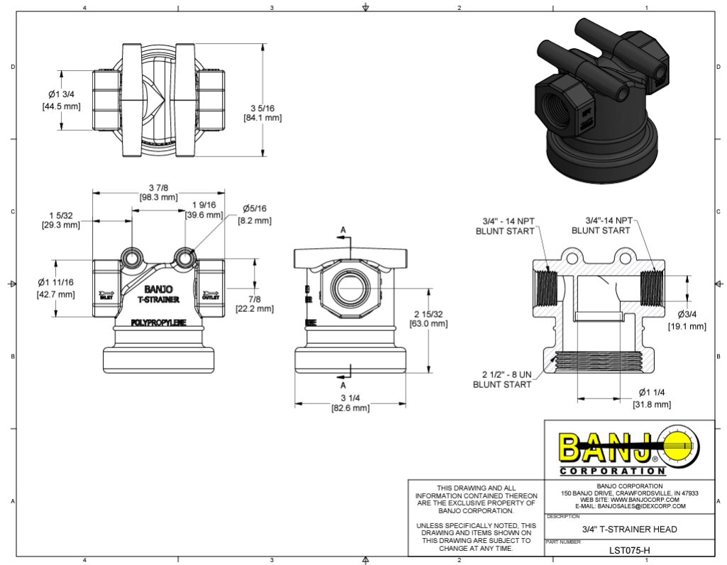 Banjo Polypropylene T Strainer Head with Mounting Lugs 3/4" - LST075-H