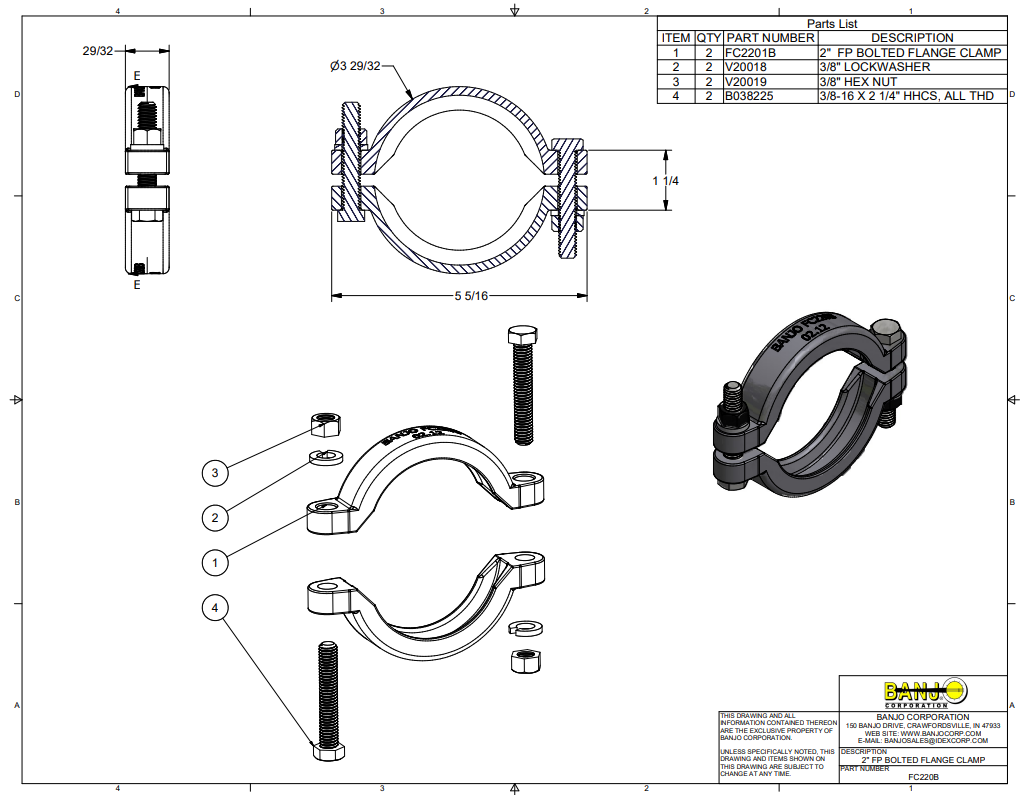 Banjo 2 Inch Full Port Stainless Steel Bolted Manifold Flange Clamp - FC220B