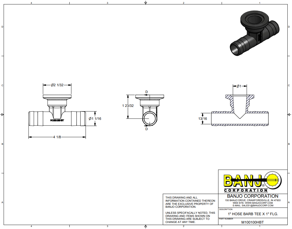 Banjo Manifold Flange Tee Connection 1" Flange X 1" Hose Barb - M100100HBT