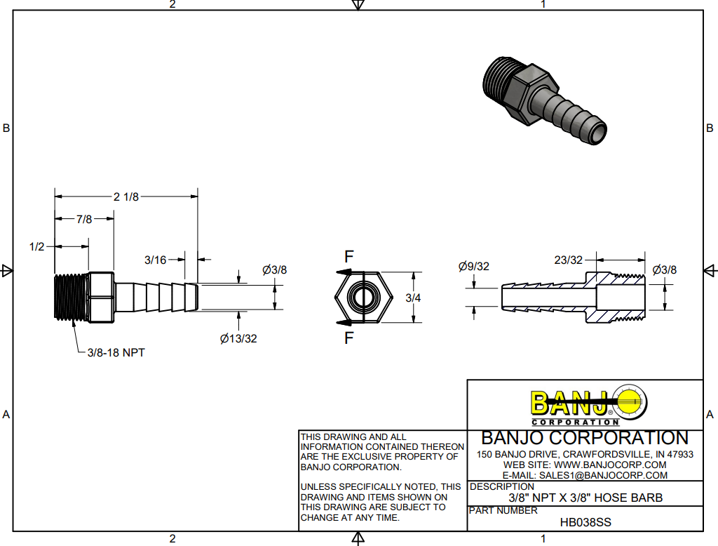 Banjo Stainless Steel Hose Barb 3/8" Male NPT X 3/8" Barb - HB038SS