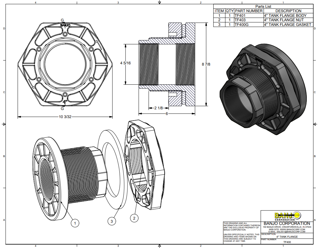 Banjo Poly Bulkhead Tank Fitting with EPDM Gasket 4" - TF400