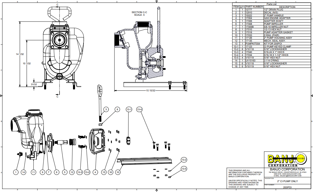 Banjo 2 Inch Cast Iron Pump with 3/4" Shaft Sleeve - 200POI