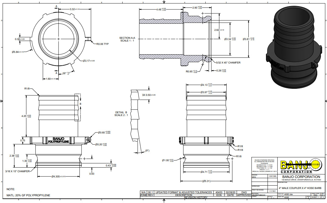 Banjo Poly Cam Lever Coupling 4" Male Adapter x 4" Hose Shank - 400E