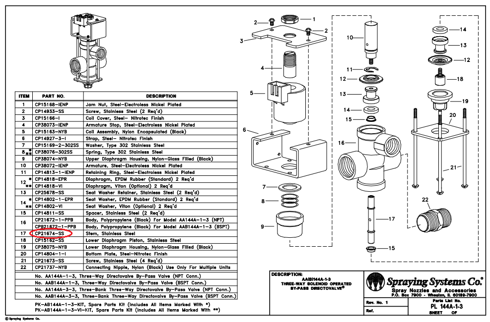 TeeJet Stainless Steel Stem For 144 DirectoValve Solenoid Valve - CP21674-SS