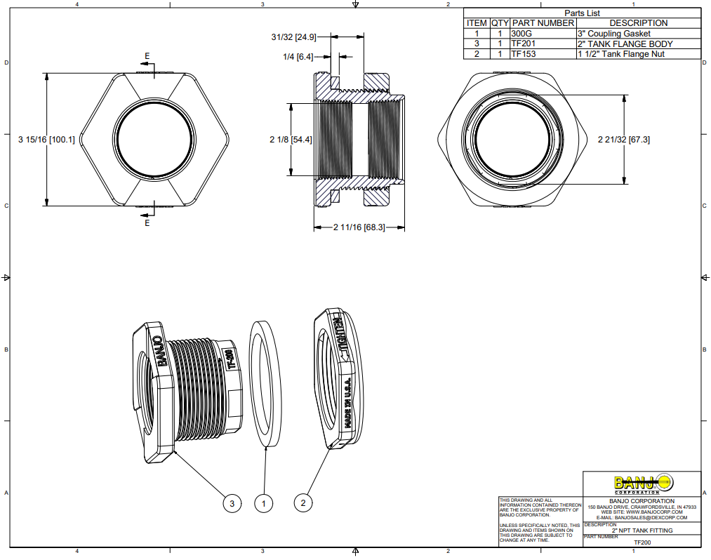 Banjo Poly Bulkhead Tank Fitting With EPDM Gasket 2" - TF200