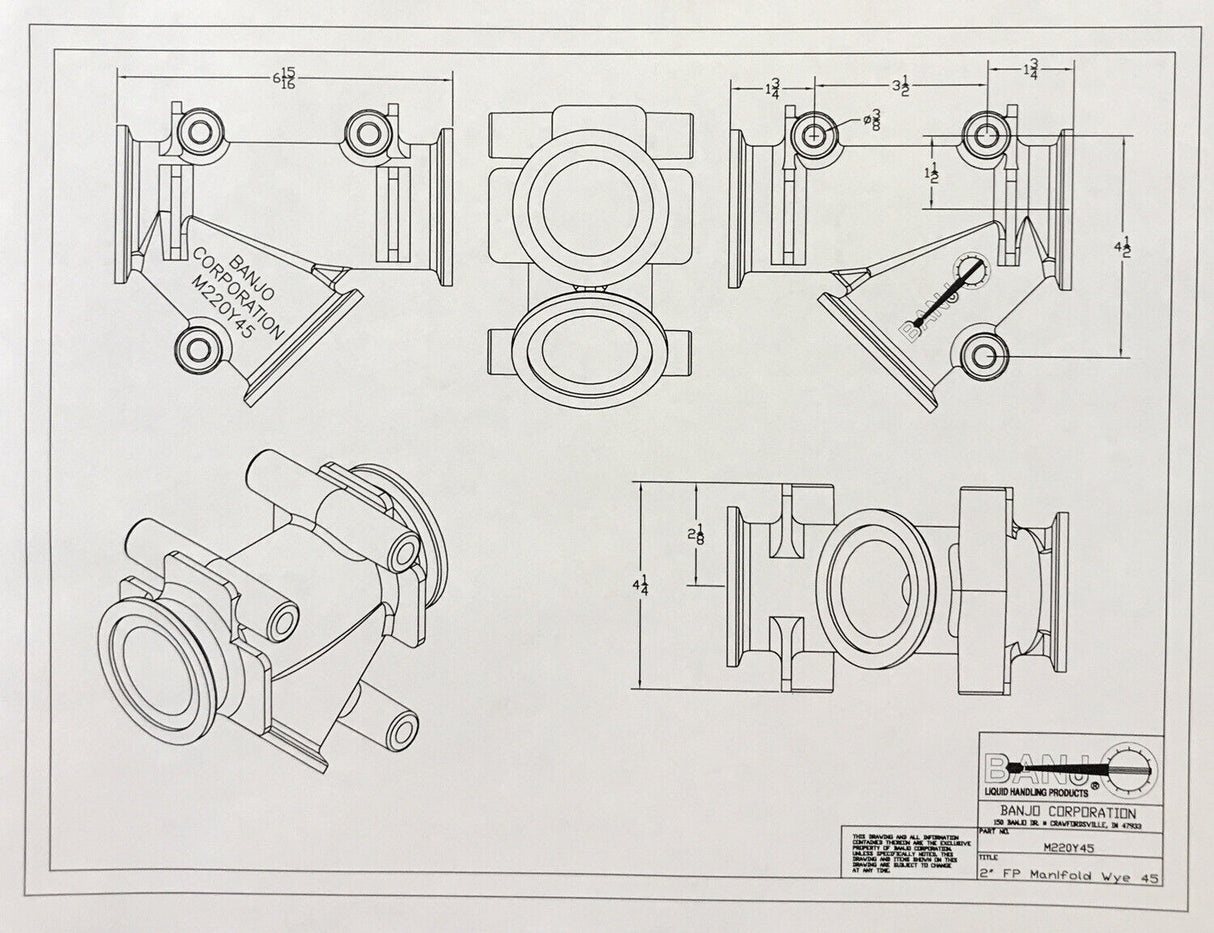 Banjo 45 Degree Manifold Flange Y Fitting 2" Full Port - M220Y45