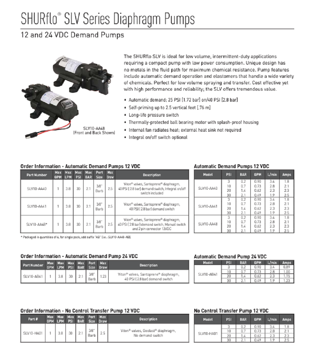 Shurflo SLV Series Diaphragm Pump, Automatic Switch, 12 VDC 1 GPM - SLV10-AA48