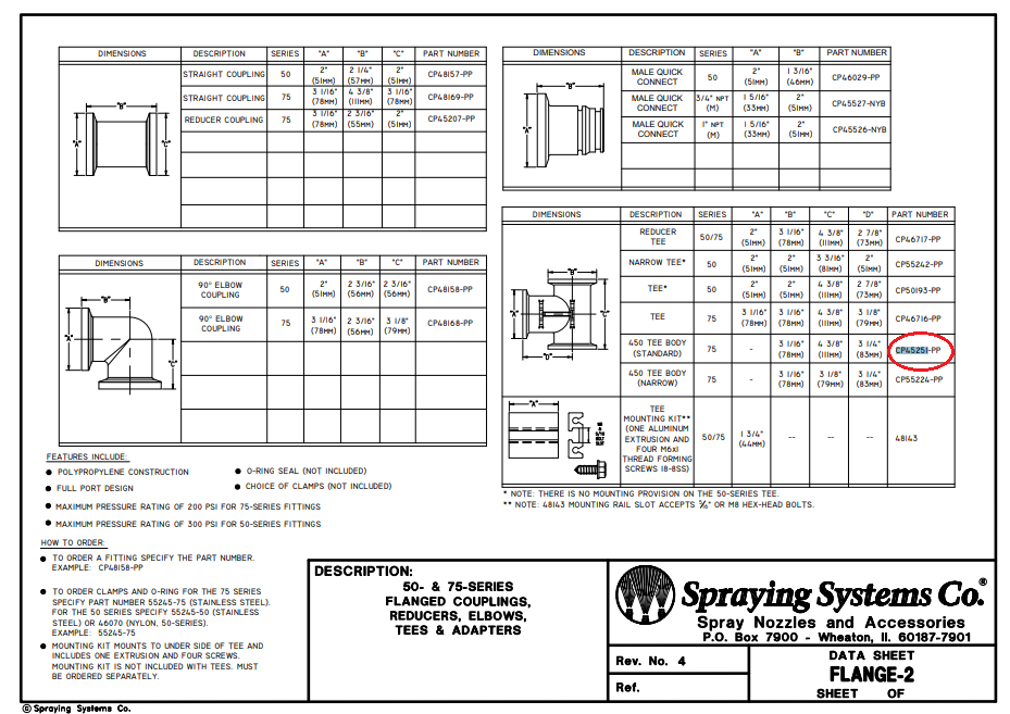 TeeJet Polypropylene Wide Tee Body for 450 Series Ball Valve Manifold - CP45251-PP
