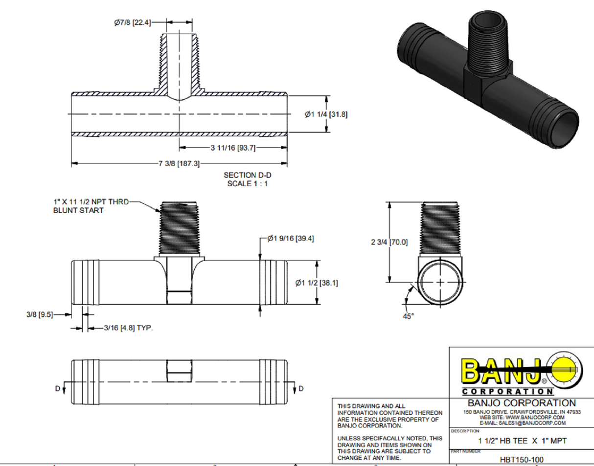 Banjo Hose Barb Reducer Tee 1½" Hose Barb X 1½" Hose Barb X 1" MNPT - HBT150-100