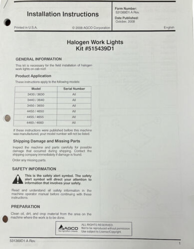Agco Halogen Work Light Kit For 3XXX and 4XXX Spra-Coupe - 99-601589J1 (515439D1)