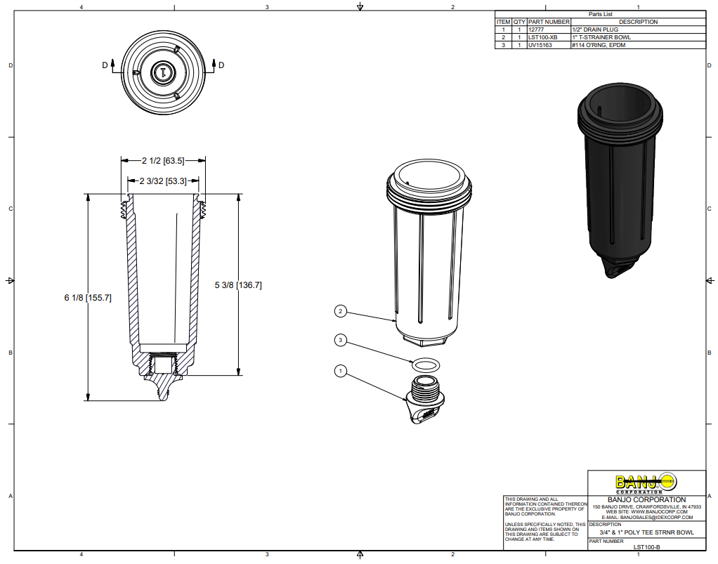 Banjo Poly T Line Strainer Bowl fits 3/4" and 1" Strainers - LST100-B