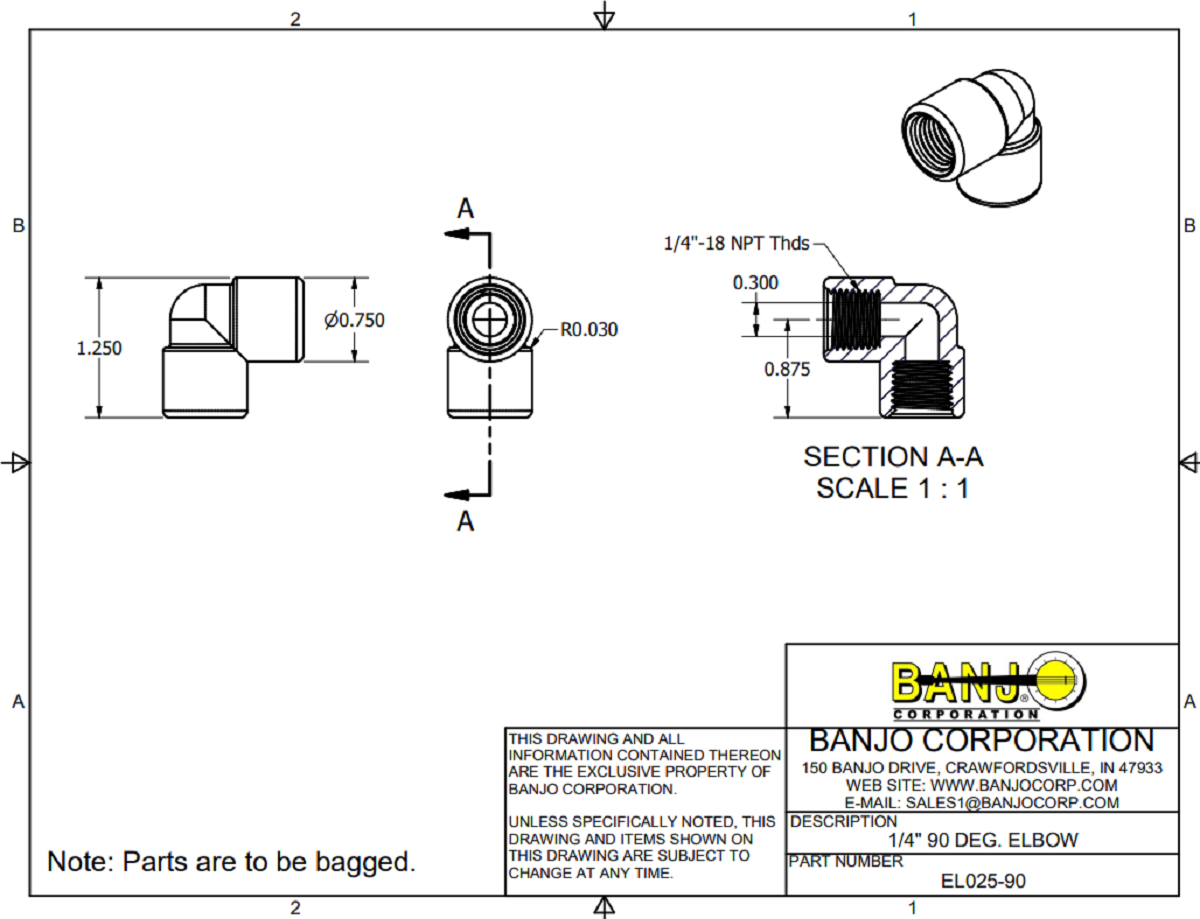 Banjo 90 Degree Polypropylene Pipe Elbow 1/4" NPT Female - EL025-90
