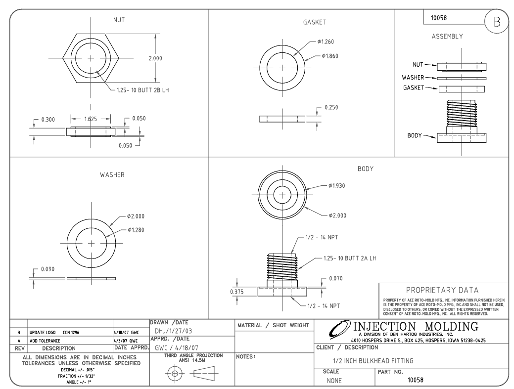 Ace Roto Mold Polypropylene Bulkhead 1/2" FPT, 1-1/4" Hole Required - 10058