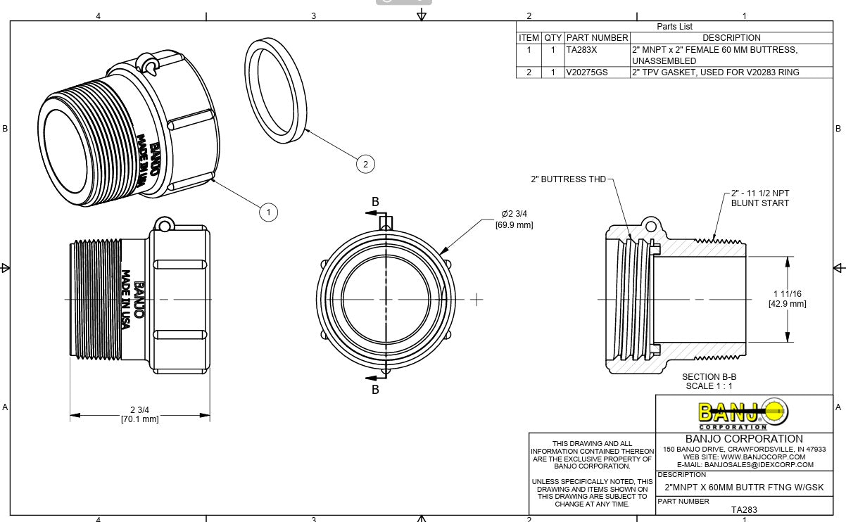 Banjo 2 Inch Buttress X 2 Inch Male NPT Threads With TPV Gasket - TA283