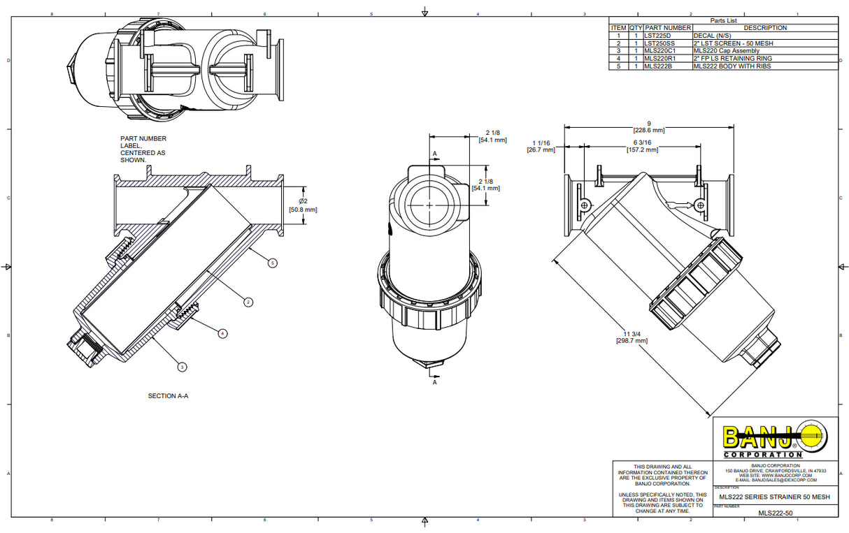 Banjo 2 Inch Full Port Manifold Y Strainer With 50 Mesh Screen - MLS222-50