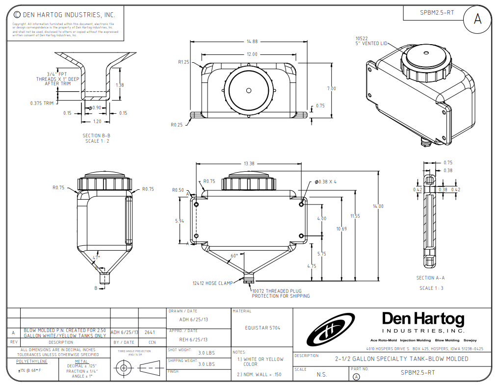 Ace Roto-Mold Rectangle Blow Molded Cone Bottom White Tank 2.5 Gallon - SPBM2.5-RT