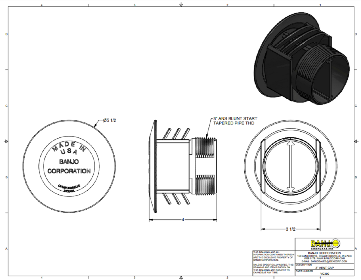 Banjo Poly Anti Vortex Vent Cap Without Screen 3 "MNPT - VC300