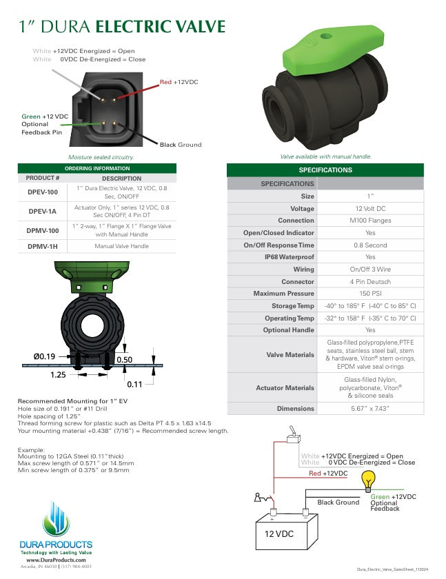 Dura Products 1 Inch Electric Manifold Valve 12 VDC, 0.8 Sec, ON/OFF - DPEV-100