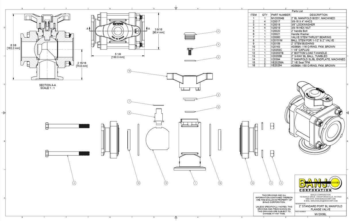 Banjo Flanged Standard Port Bottom Load 3-Way Manifold Ball Valve 2" -MV200BL