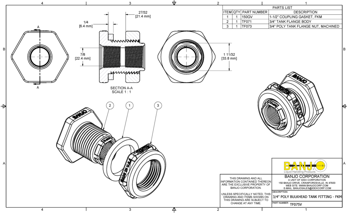 Banjo Poly Bulkhead Tank Fitting with FKM Gasket 3/4" - TF075V